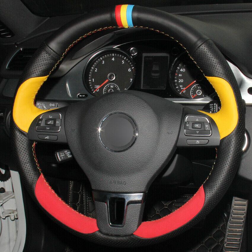Black Yellow Natural Leather Red Suede Steering Wheel Cover for VW Gol Tiguan