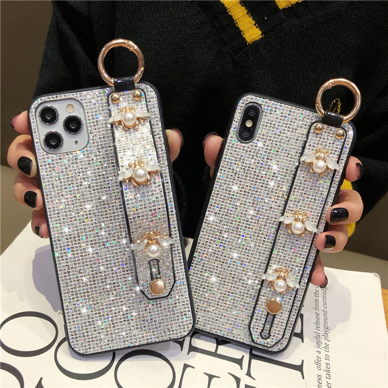 Glittering sequins cute lovely bee pearl wristband pc cases for iphone 11 pro max x xr xs max 6 7 8 plus