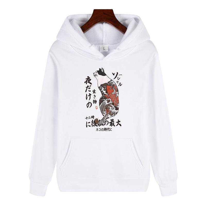 Japanese fish CAT FLEECE HOODIE hip hop men&#039;s and women&#039;s printed Hoodie casual printed Sweatshirt (customizable)