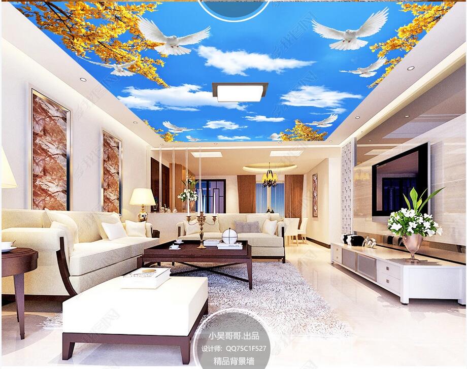 3d ceiling murals wallpaper custom Blue sky and white clouds branch dove ceiling mural Roll paper home decoration mural Wall-paper large