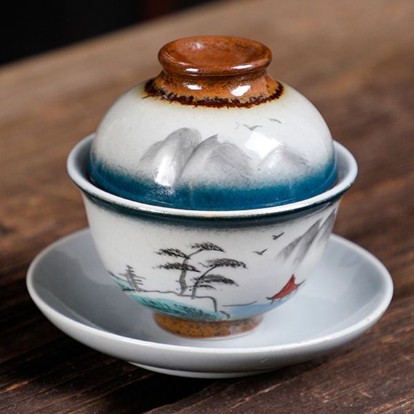 Antique wood-fired Sancai Gaiwan hand-painted big tea cover bowl Japanese household ceramic mini small single tea tureen