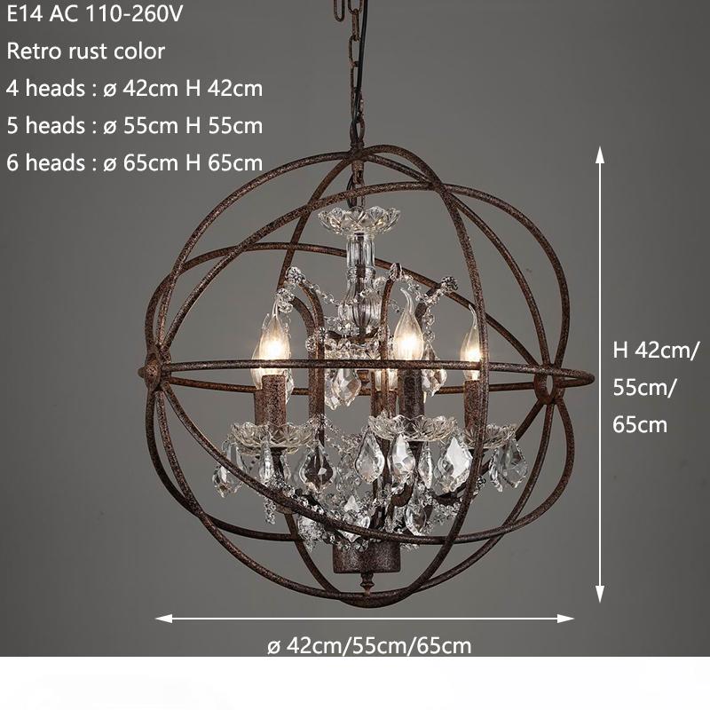 Retro vintage rust iron cage chandeliers E14 big style crystal chandelier lustre LED lamp Lighting for living room bedroom bar
