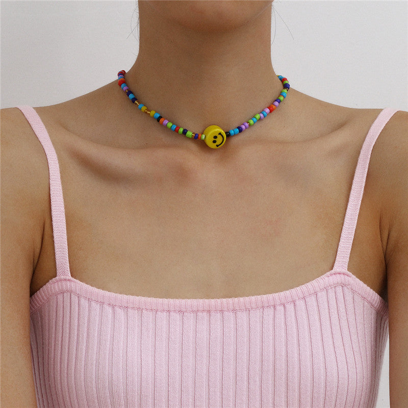 Single Cute Yellow Smile Face Choker Necklace Handmade Fashion Rice Beaded Chain Women Colorful Gold Necklaces Jewelry Accessories Wholesale