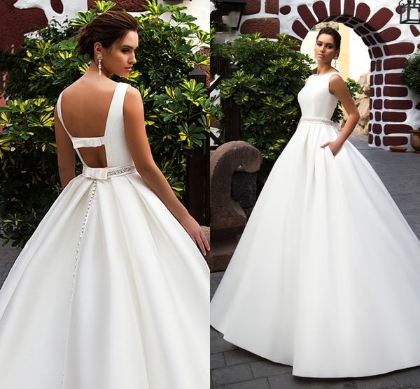 Hot Sale Elegant Bow Satin Wedding Dress Chic Crystal Belt Pocket A-e Court Train Princess Bridal Gown Vestido De Noiva