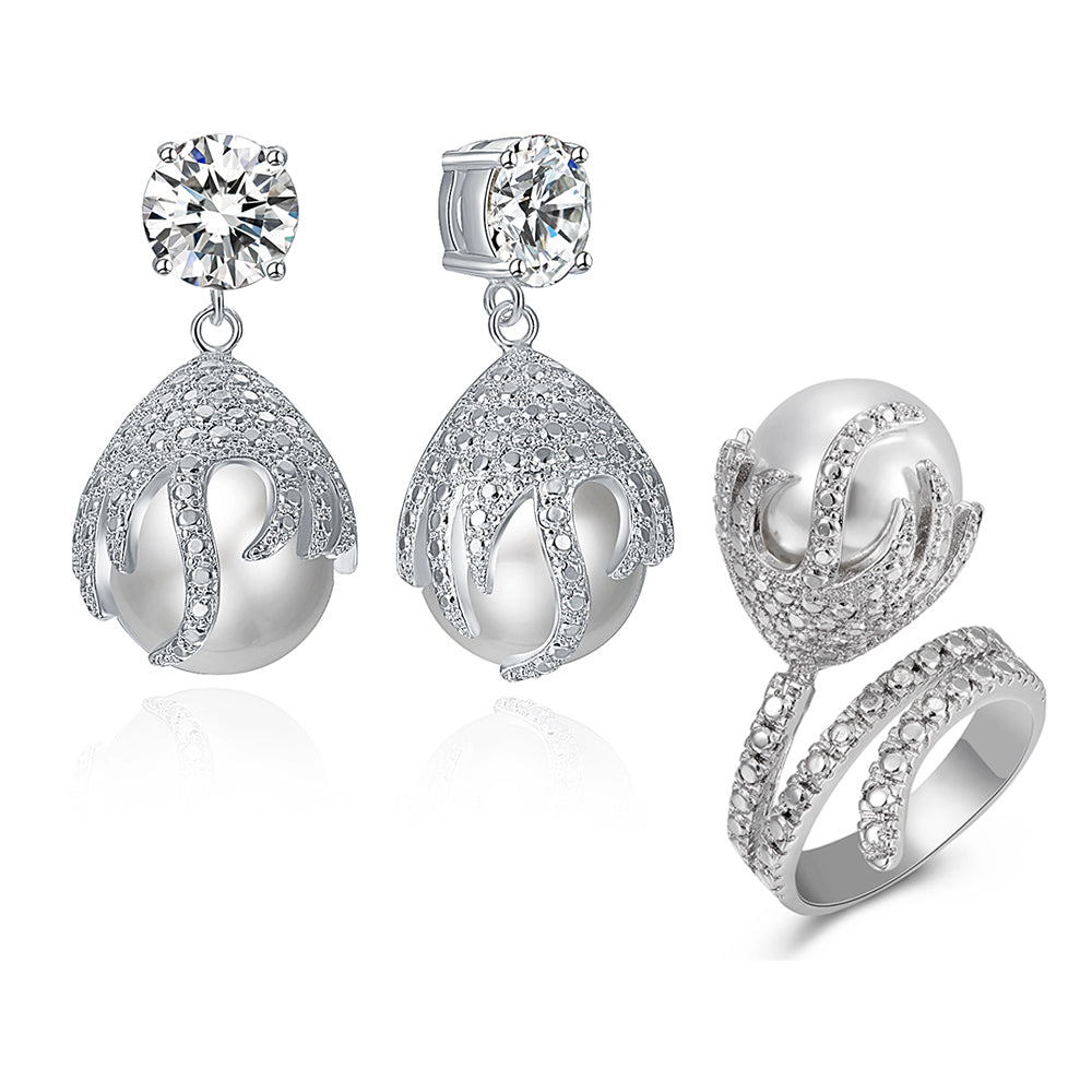 Silver color Brass Dangle Earrings Ring sets With Big Pearl Jewelry High quality Women&#039;s statement Jewellery 2pcs set