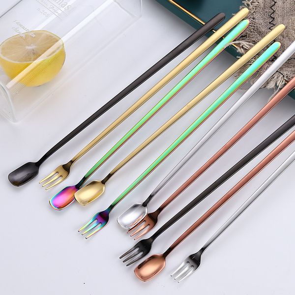 1Pc Stainless Steel Coffee Cocktail Spoon Fork With Long Handle Colorful Coffee Scoops Dessert Tea Spoon Bar Kitchen Gadget Tool