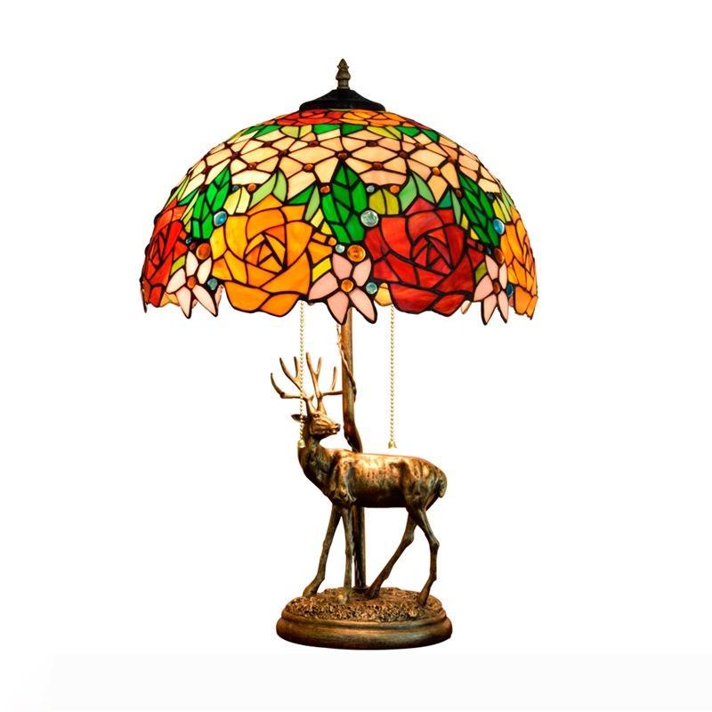 `Tiffany Colorful Shade Flowers Bedroom Bedsides Table Light European Resin Elk Sculpture Base Study Room Desk Lamp