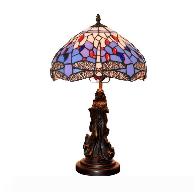 Tiffany European Table Lamps Stained Glass Desk Lamp Baroque Style Beauty Angel Sculpture Base Dragonfly Lampshade Led Luxury Table Light