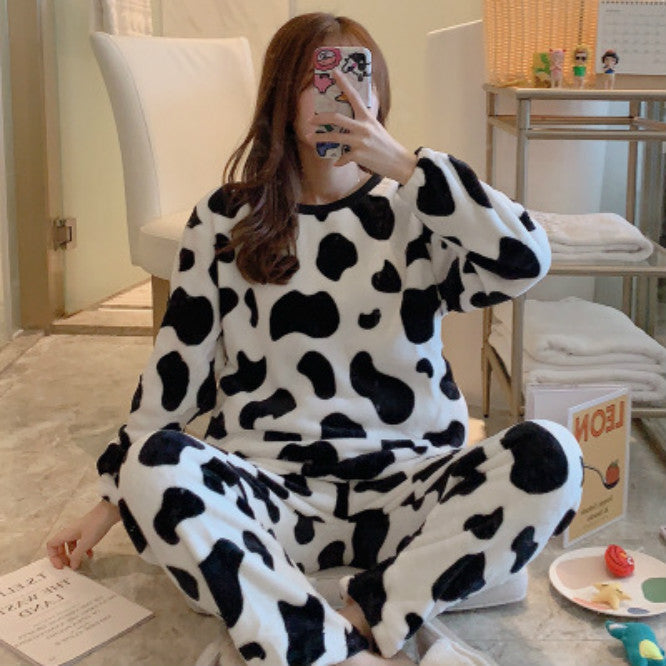 Women Designer Sleepwear Winter Warm Round Neck Printed Long-sleeved Pajamas Female Cute Cartoon Girl Suit Classic Home Service New