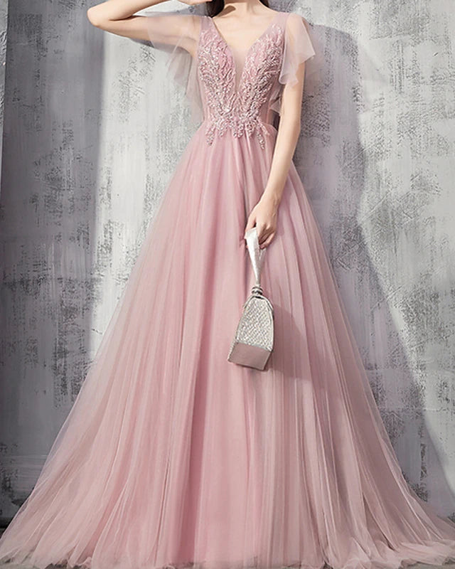 Ball Gown Beautiful Back Pink Engagement Formal Evening Dress V Neck Short Sleeve Sweep - Brush Train Polyester with Pleats Appliques