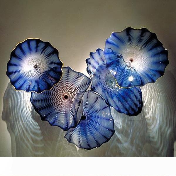 Hand Blown Glass Plates Wall Art Decor Blue Art Glass Wall Lighting Italian Designer Blue Flower for Home Decor Free Shipping