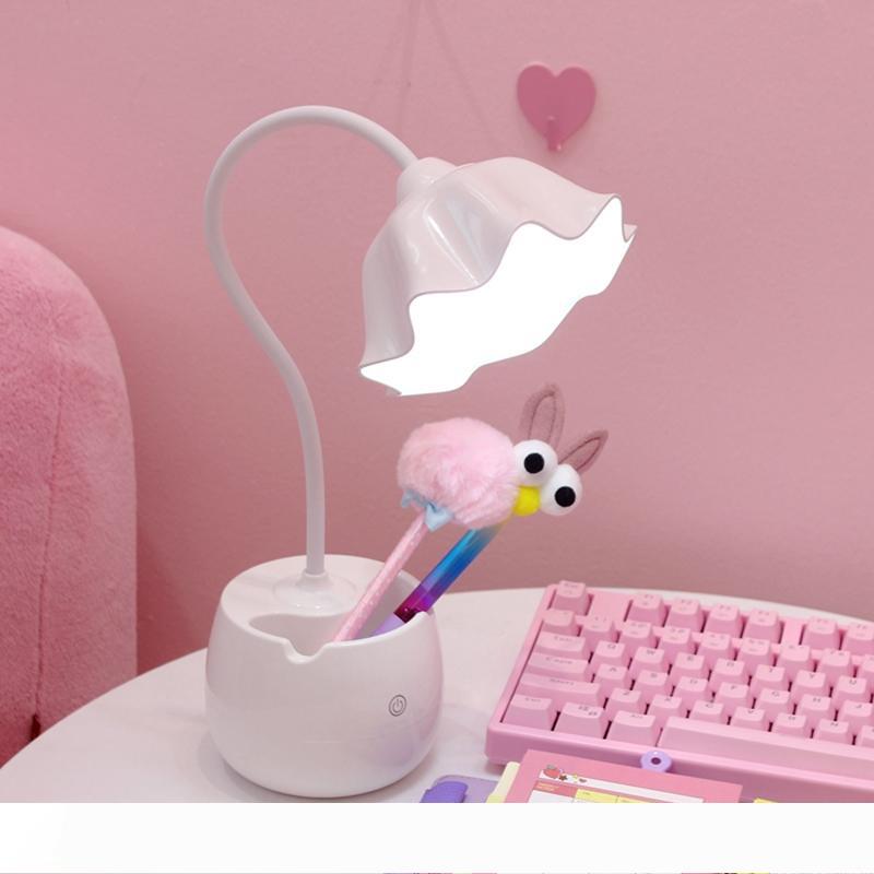 Lovely 3 Levels Dimmer Reading Table Lamp Pen Case Base Student LED Desk Lamp Girls Charge Bedside Lamp for Bedroom Studyroom