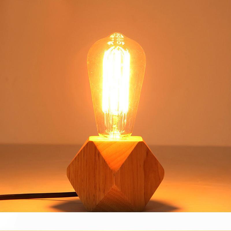 Modern table lamp E27 Wooden desk lamp Diamond bedside lamp for home bedroom living room decor EU-Plug Wooden Base