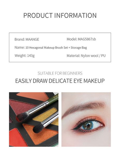 Makeup Brushes MAANGE Pro 10 Pcs Makeup Brush Set With Bag Powder Foundation Eye shadow Lip Eyeliner Blush Blending Face Makeup Brushes tool