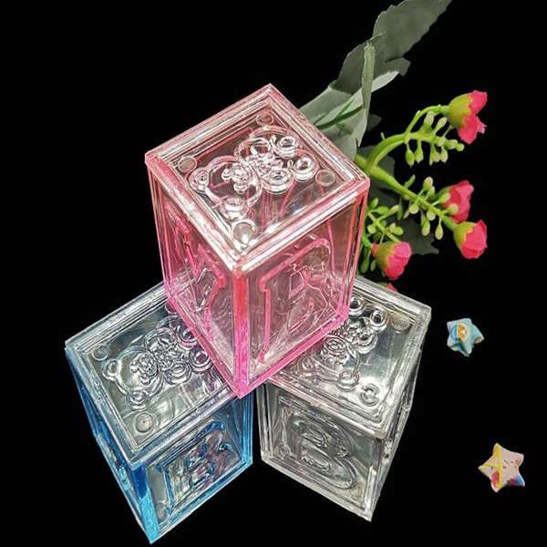 Acrylic Bear Block Square Box Baby Shower Baptism Party Favors Kid Birthday Candy Package AB Block Boxes