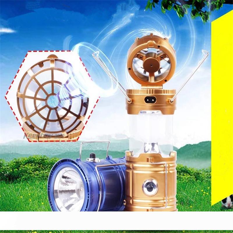 Summer LED Solar Power Outdoor Camping Lamp with Fan Hanging Portable Tent Telescopic Emergency Lamp Hand Lantern Light