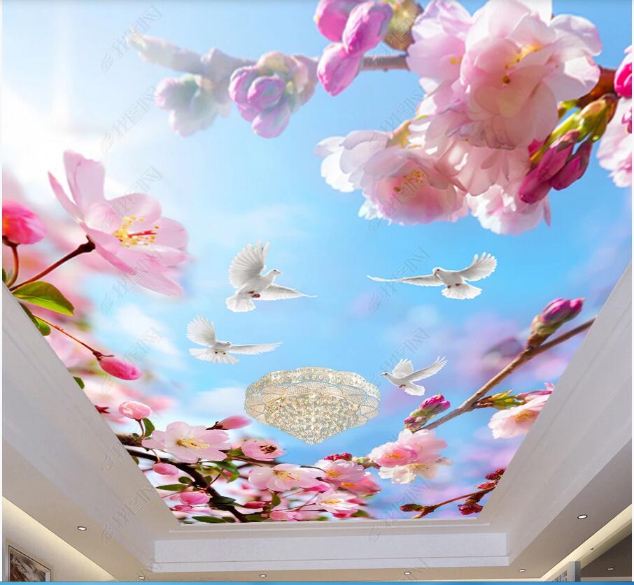 3d ceiling murals wallpaper custom mural Ceiling murals with white dove and blue sky and white clouds Flower wall decal home decor painting