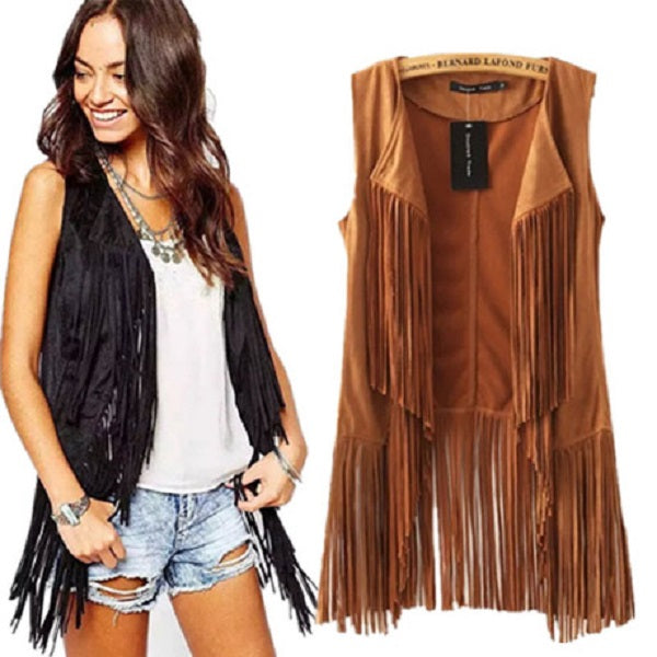 Womens long tassel Vests clothes Winter fashion Coat Overcoat top Sweatshirt Fleece Shawl vest jacket Suede Outerwear casual tops streetwear