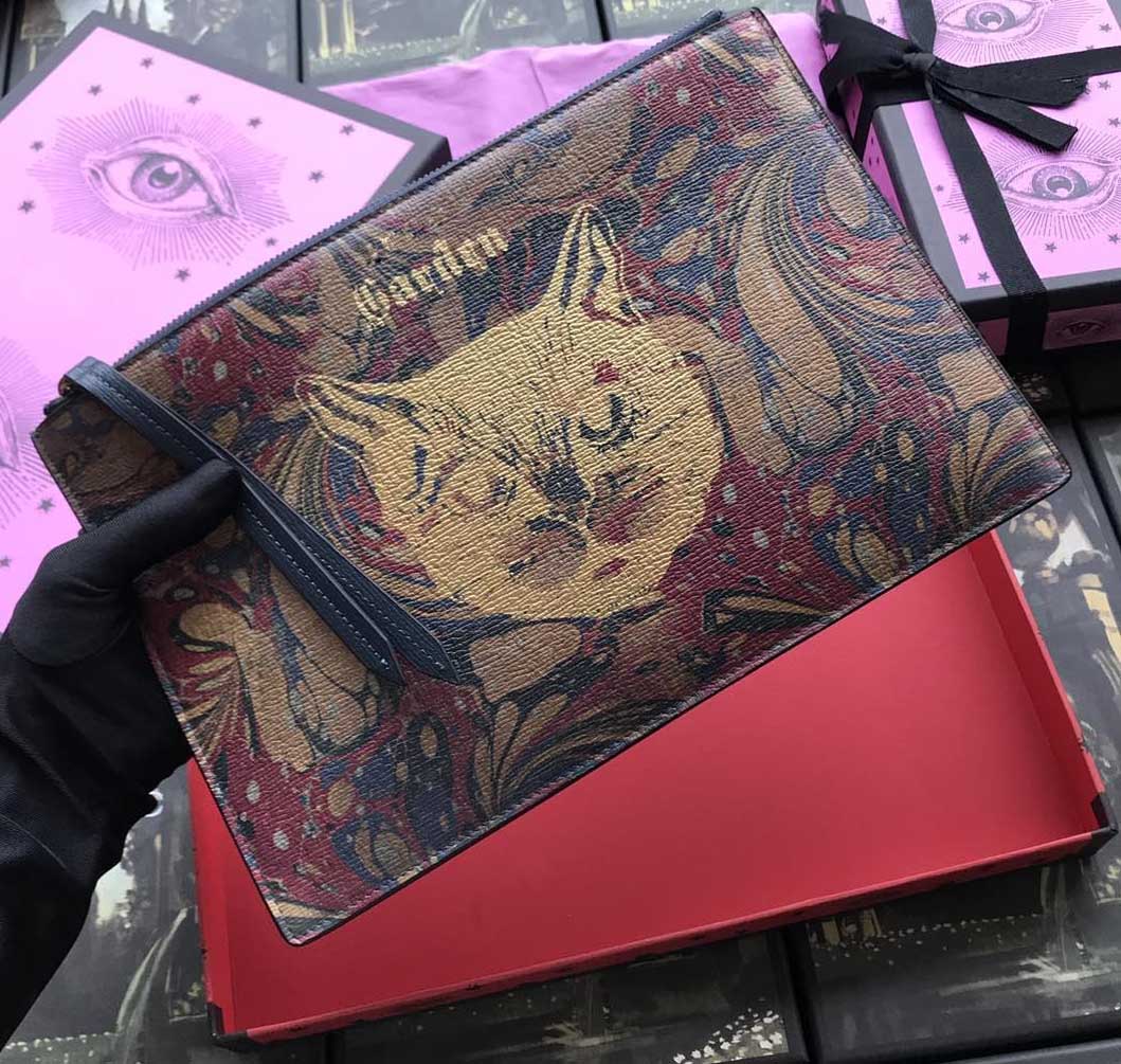 Top quality clutch bag Blue graffiti golden cat designer for Men And Women real leather Business card holders wallet with box W30*h20