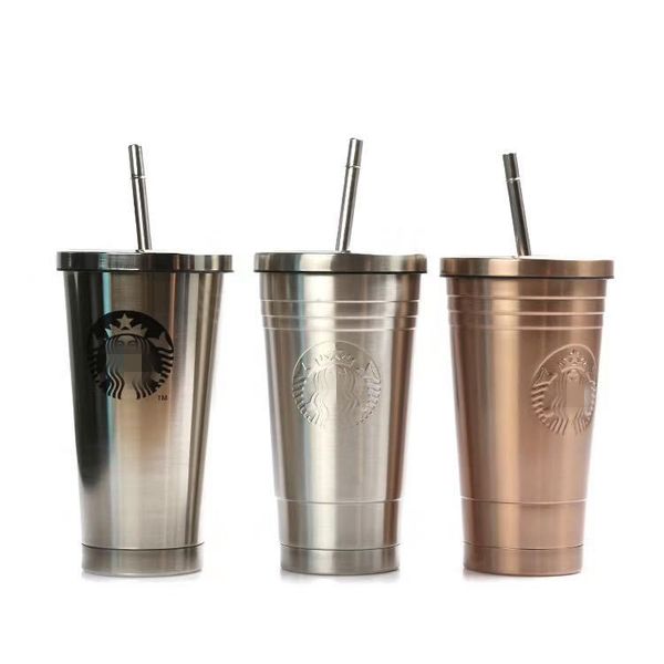 Thermoses 500ml Coffee milk tea sippy cup stainless steel Portable cups ice gradient office cold insulation spot wholesale with straw