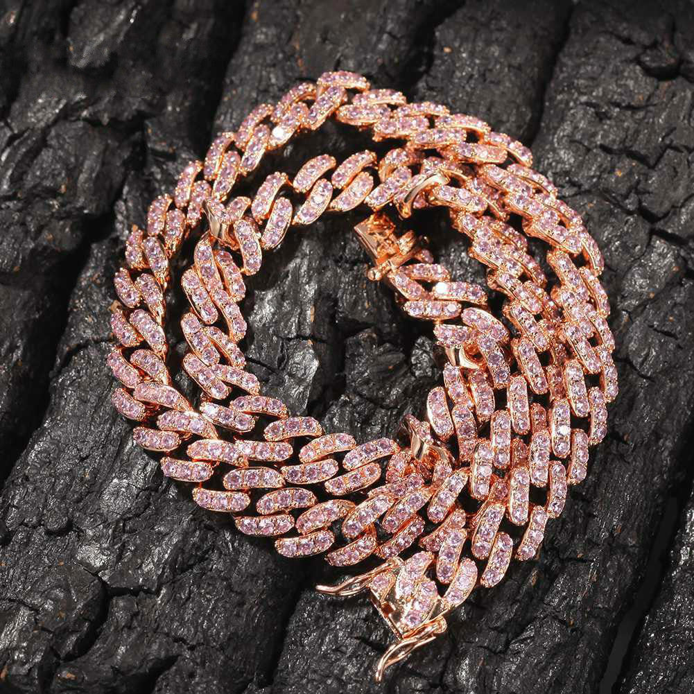 9mm Iced Out Women Choker Necklace Rose Gold Metal Cuban Link Full With Pink Cubic Zirconia Stones Chain Jewelry