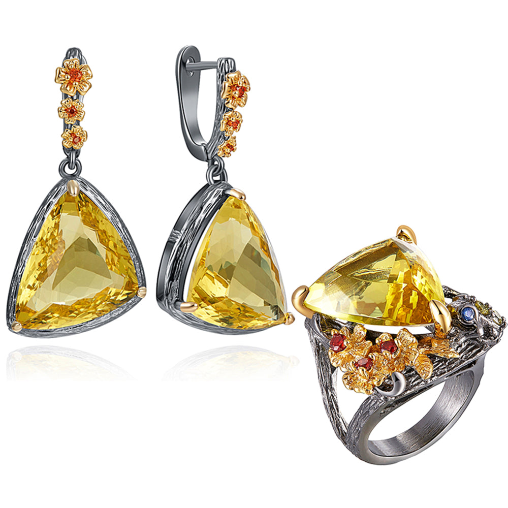 Large Triangle Dangle Earrings Ring sets Golden CZ Jewelry High quality Women&#039;s Jewellery For Party 2pcs set