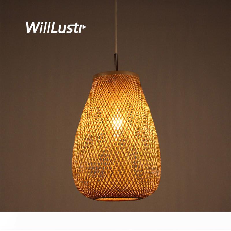 Chinese Style Zen Bamboo Weaving Pendant Lamp Hand Knitting Suspension Light Hotel Restaurant Bedroom Handmade Wood Hanging Lighting