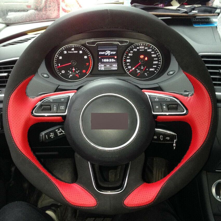 For Audi Q3 Q5 Hand-stitched Car Steering Wheel Cover Red Leather Black Suede