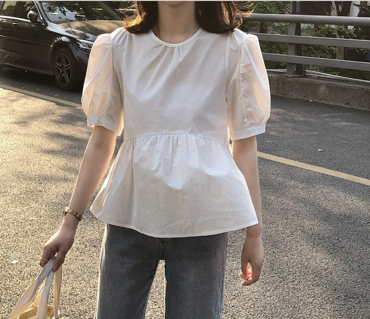 Summer 2021 Women&#039;s Blouses new round neck baby shirt French retro bubble sleeve small looks thin shirts girl