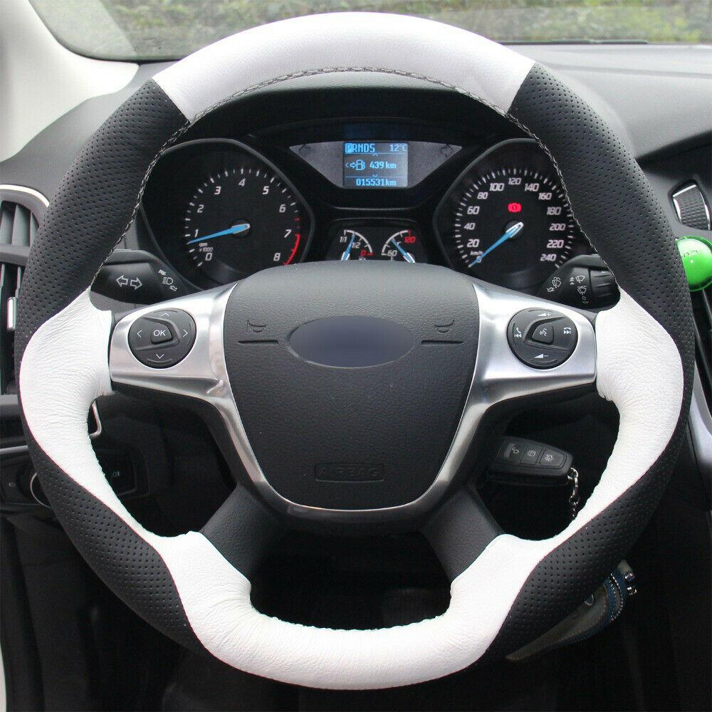 White Black Leather Steering Wheel Cover for Ford Focus 3 2012-2014 KUGA 13-16