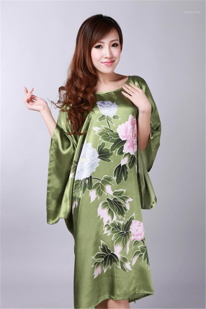 Womens Fashion O Neck Sleepshirts Womens Summer Cool Flora Sleepwear Traditional Chinese Women Silk Rayon Robe