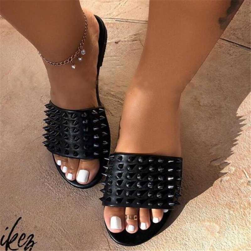 Hot Sale- Candy Color Women Beach Slippers Open Toe Sandals Womens Rivet Slippers Outside Ladies Flat Slides Summer Shoes Female Footwear