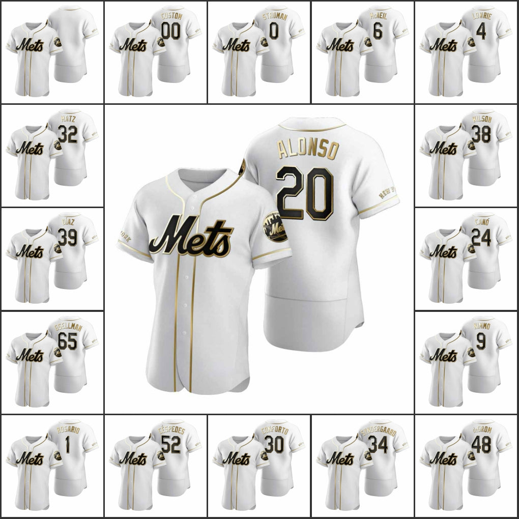 New York&#13;Mets Men #48 Jacob deGrom 34 Noah Syndergaard 20 Pete Alonso Women Youth White Authentic Golden Edition Custom Jersey