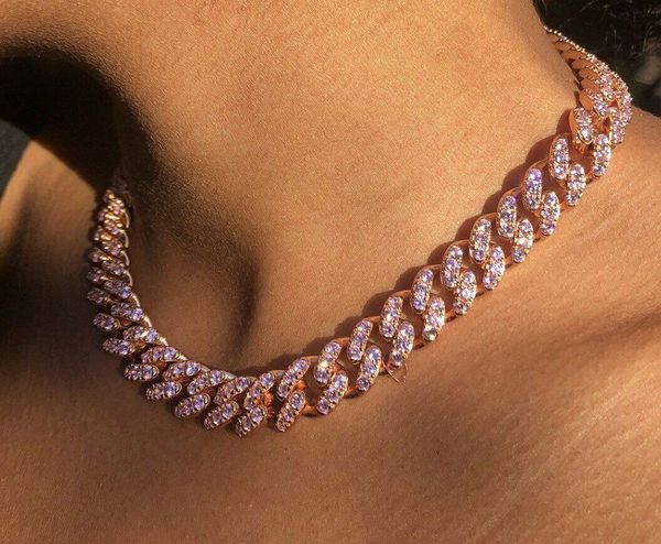 13mm Iced Pink and rose gold cuban Link Chain Choker Necklace Gold Cuban Link Gold Silver Cubic Zirconia Jewelry