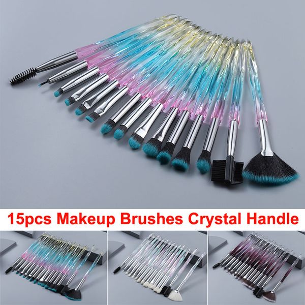 Colorful 15pcs Crystal Makeup Brushes Set for Face, Eye, Lip, Shadow, Eyeer, Eyebrow, Eyelash, and Edge Control