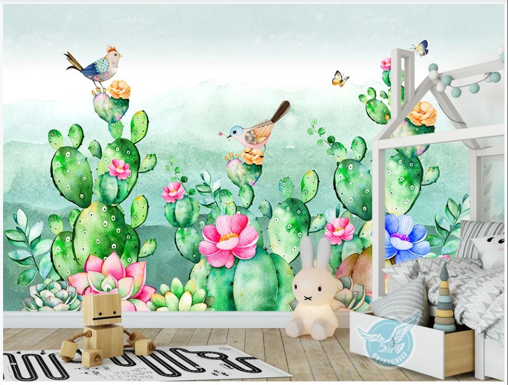 3d room wallpaper custom photo mural on the wall Hand painted tropical plants cactus flowers and bird home decor wallpaper for living room