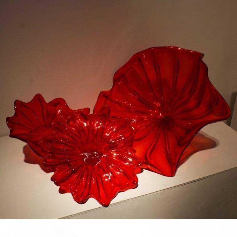 Blown Glass Flower Plates for Wall Decor Red Amber Colored Murano Glass Hanging Plates Wall Art Hotel Antique Wall Lights Free Shipping