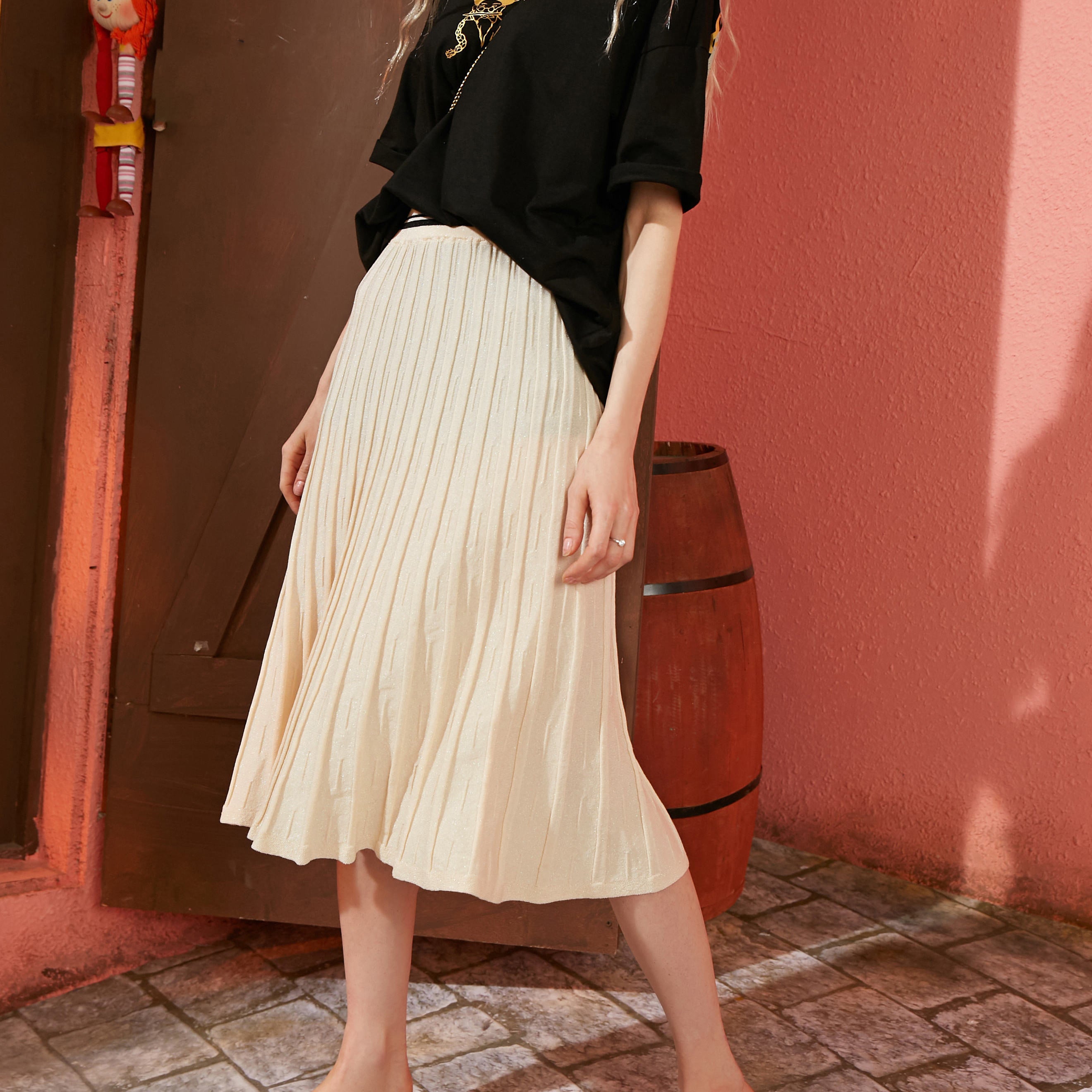 Apricot Solid Bright Casual Women Pleated Skirts 2020 Summer Black High Elastic Waist Korean Ladies Daily Skirt