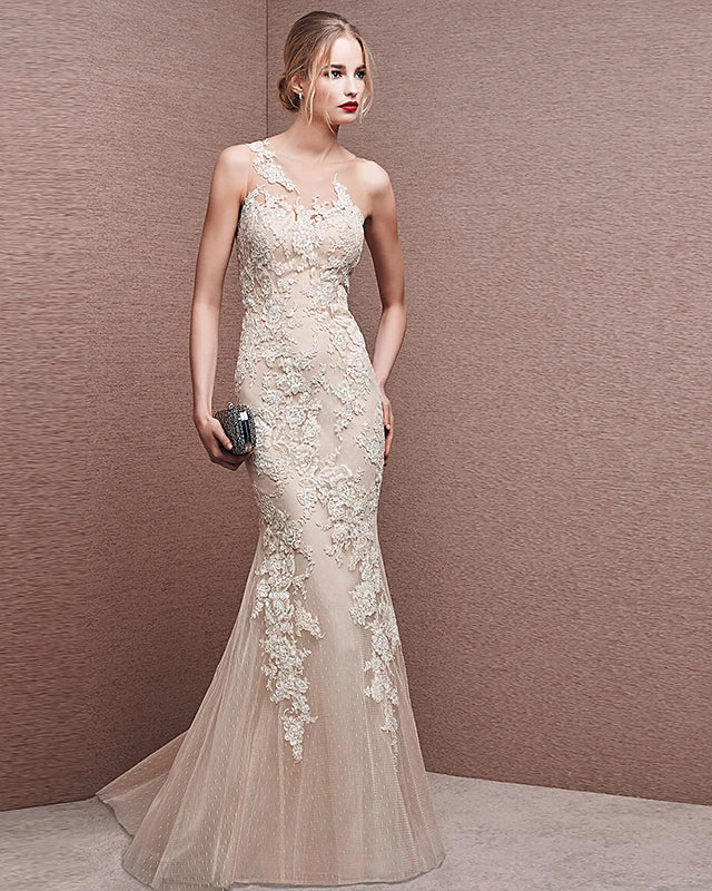 Mermaid - Trumpet Beautiful Back White Engagement Formal Evening Dress Illusion Neck Sleeveless Floor Length Lace Tulle with Appliques
