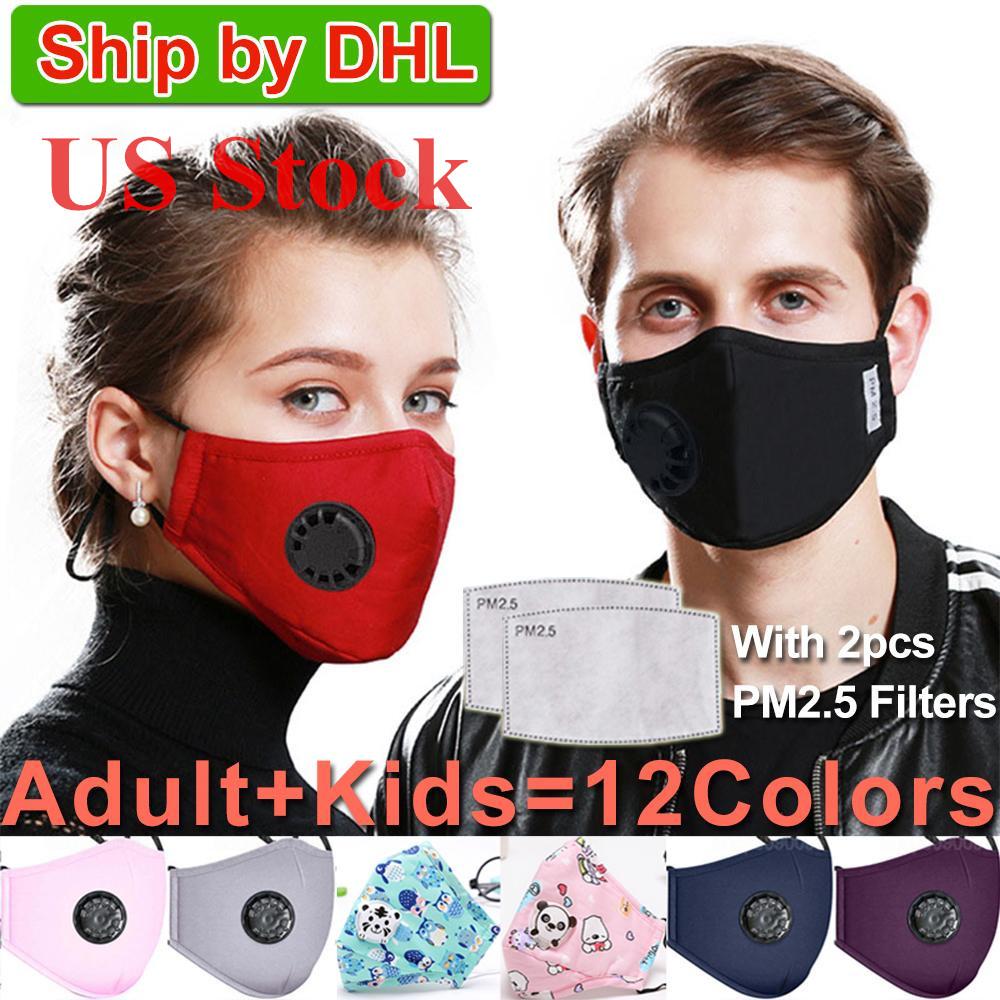 US Stock! Washable Face Mask Anti-Dust Reusable PM2.5 Masks with 2 Filter Valve Protective Cotton Children Kids Face Masks Cloth Washable