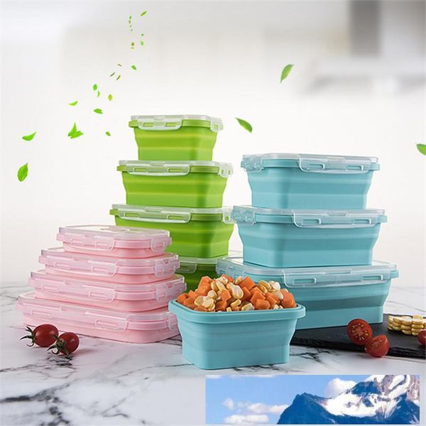 Silicone Floding Lunch Boxes Rectangle Collapsible Bento Box Folding Food Container Bowl 350-500-800-1200ml 4pcs- set Dinnerware