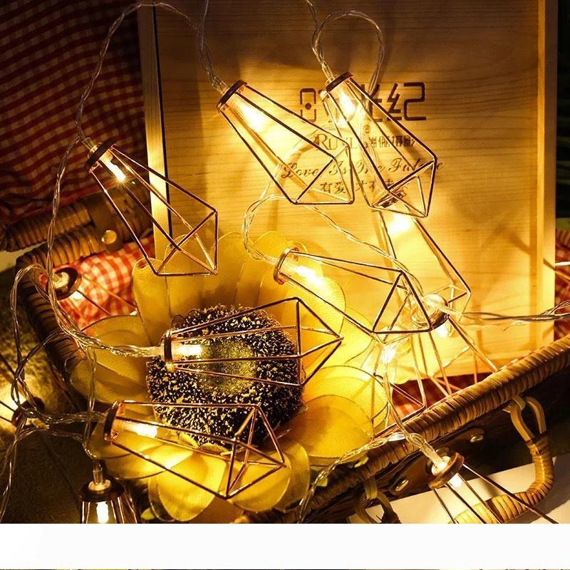 BRELONG 50LEDs Rose Gold Geometric Metal Diamond Copper Wire Fairy Light String Metal Cage Light Battery Power 1 pc