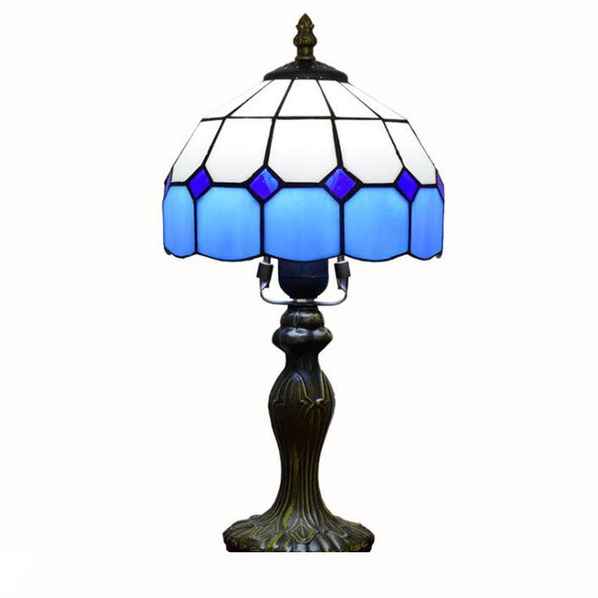 Mediterranean Style Tiffany Lamp Restaurant Bar Cafe Led Vintage Desk Light White Blue Plaid Decorative Table