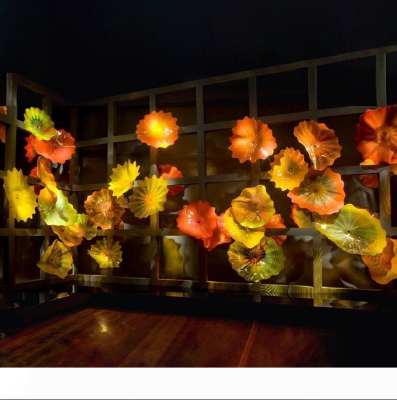 Yellow Orange Blown Glass Wall Plates Custom Made Hotel Wall Decor Glass Art Plates Flower Shape Wall Decoration Art Lamps