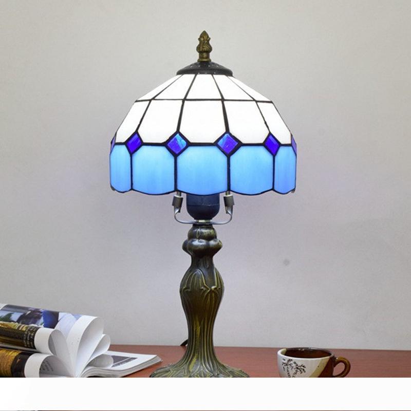 Simple blue lattice E27 table lamp hotel room study small desk lamp 40W Tiffany stained glass table lights TF054