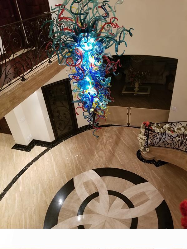 Crystal Blue Chandelier Big Large Size for Stair Europe Style Hand Blown Murano Glass Chandelier Light With Led Bulbs