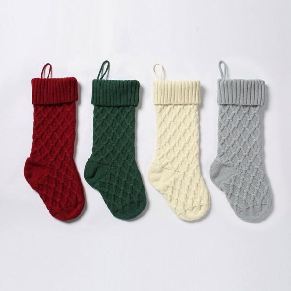 Acrylic Knitted Soc Red Green White Gray Knitting Stocking Christmas Tree Hanging Gift Sock Xmas Party Candy Stockings Bags