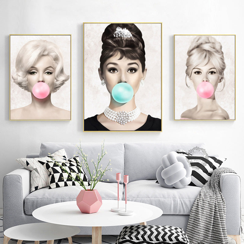 Wall Art Poster Audrey Hepburn Marilyn Monroe Blow Pink Bubbles Wall Art Picture for Living Room Home Decor (No Frame)