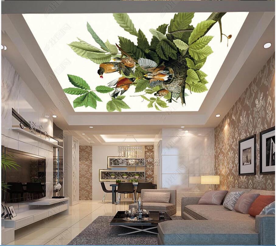 3d ceiling murals wallpaper custom mural HD big picture plants small fresh flock of birds and flowers ceiling mural home decor painting