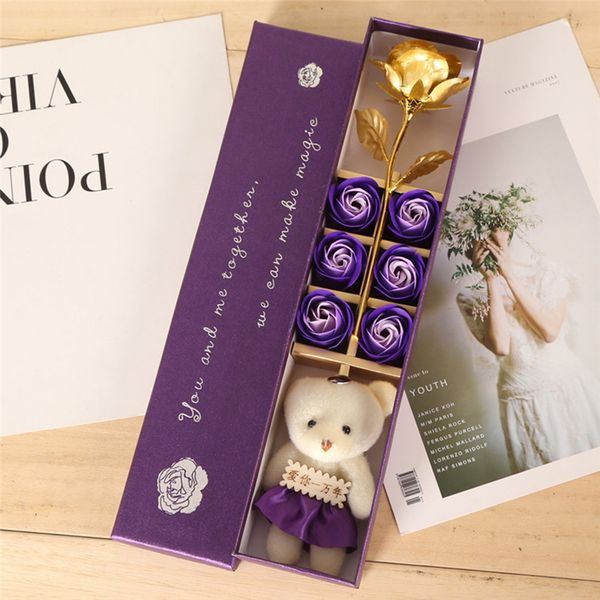6PCS-Set 24K Gold Rose Soap Flower Valentine&#039;s Day Gift Bear Box Gift Box for Girlfriend Foil Rose Birthday Gift For Mom J50 210317